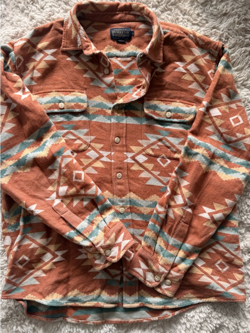 Pendleton mens L Southwestern Aztec flannel shirt orange pattern button up - Picture 2 of 2
